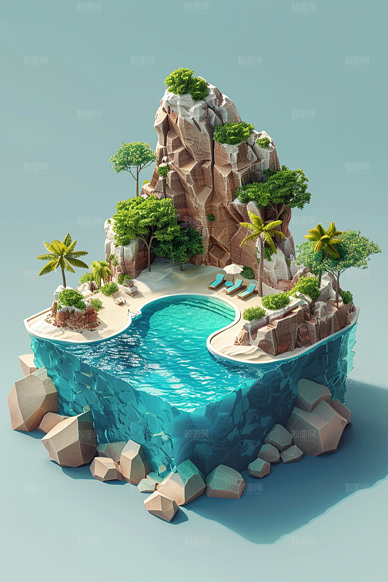 C4D泳池3D海岛旅游模型