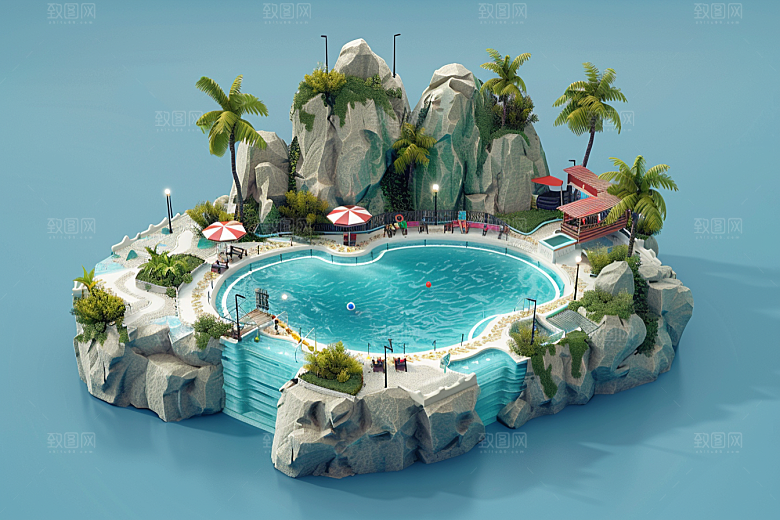 C4D泳池别墅立体模型