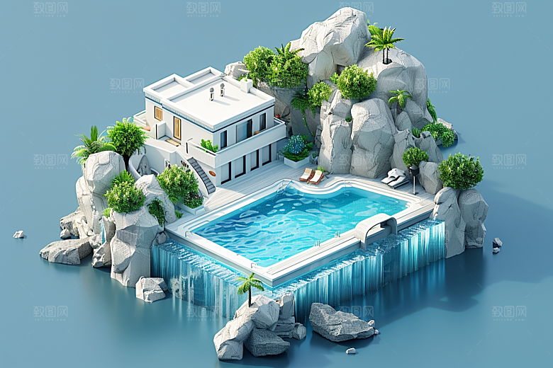 C4D泳池氛围海岛旅游模型