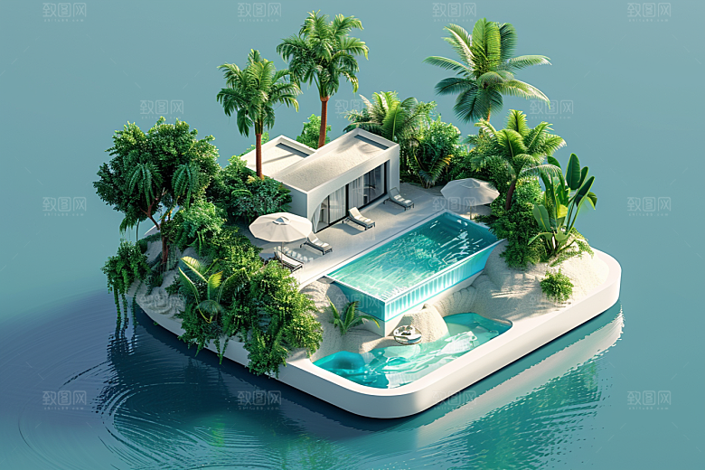C4D泳池氛围别墅模型