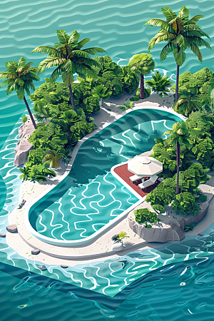C4D泳池别墅度假模型