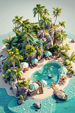 C4D泳池立体度假村模型