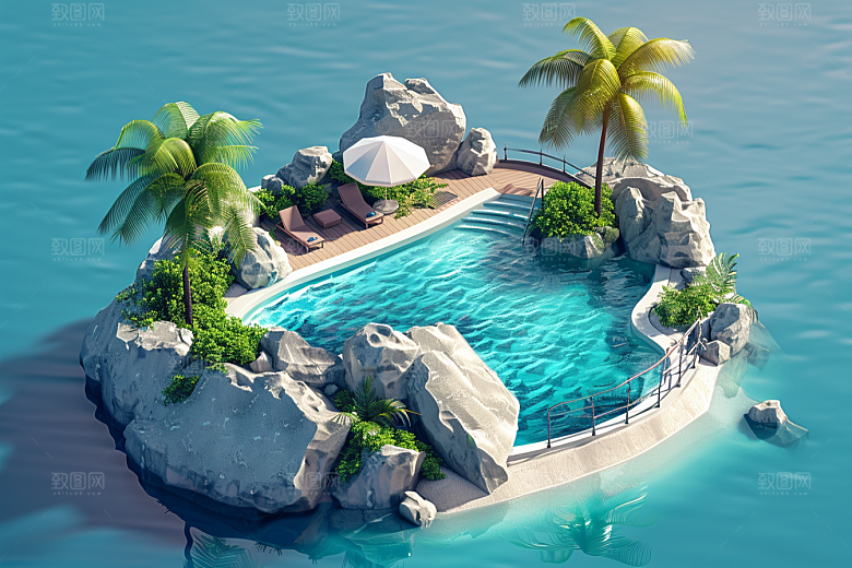 C4D泳池3D别墅模型