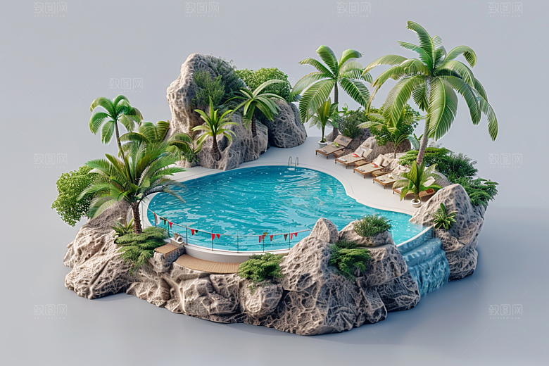 C4D泳池别墅游泳模型
