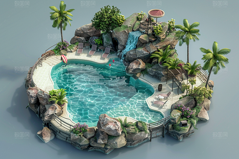 C4D泳池度假村氛围模型