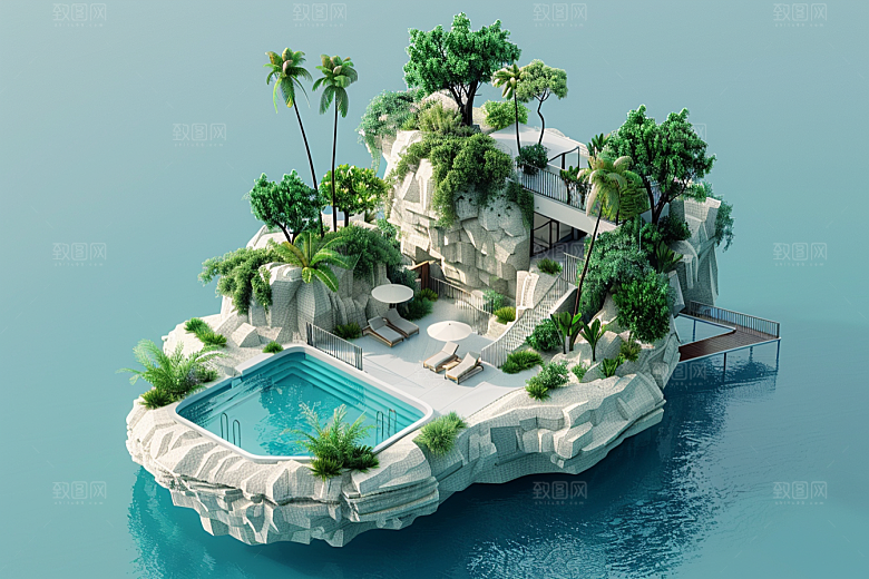 C4D泳池夏天氛围模型