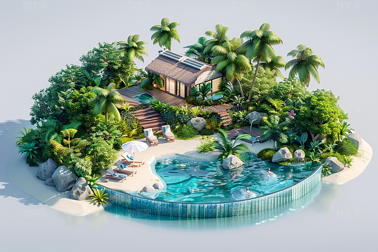 C4D泳池氛围立体模型