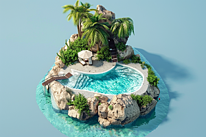 C4D泳池游泳别墅模型