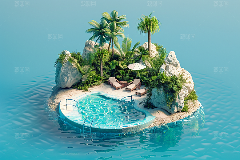 C4D泳池氛围度假模型