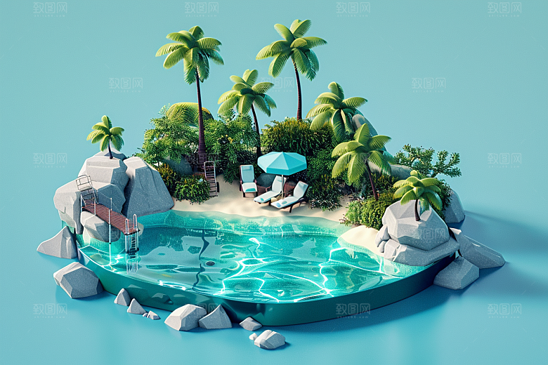 C4D泳池立体别墅模型