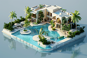 C4D泳池水上乐园别墅模型