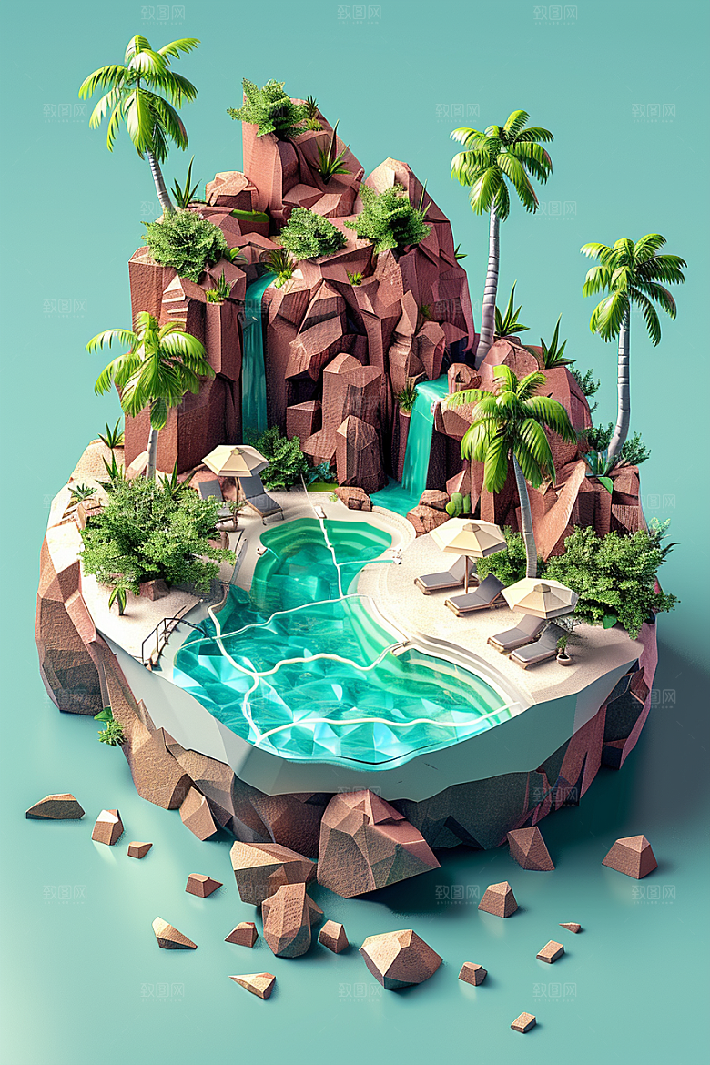 C4D泳池夏日度假村模型