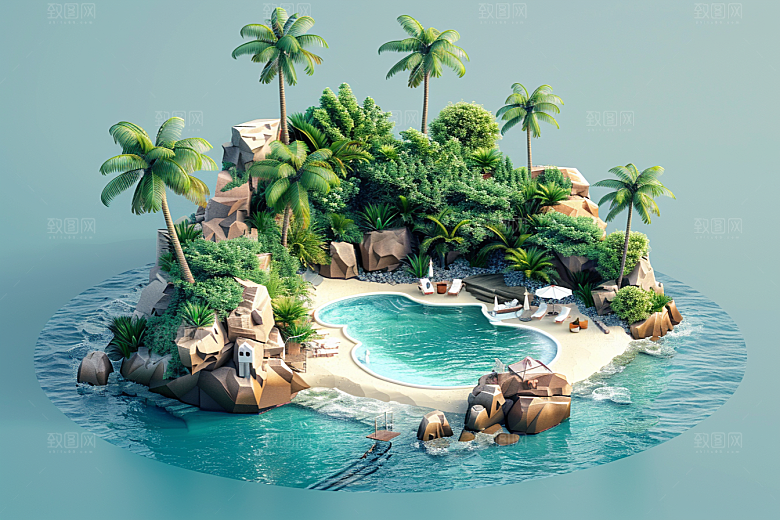 C4D泳池度假3D模型