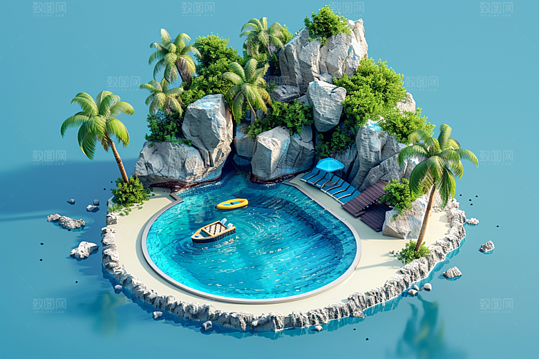 C4D泳池别墅轰趴模型