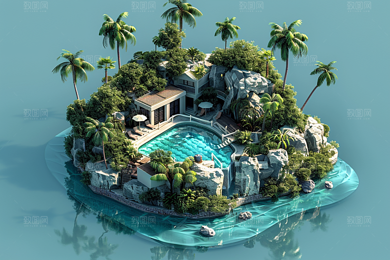 C4D泳池度假氛围模型