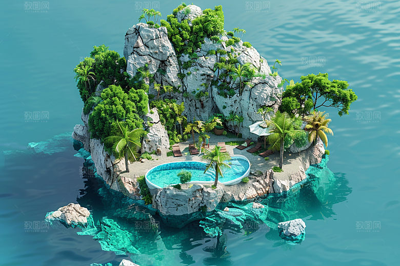 C4D泳池立体海岛旅游模型
