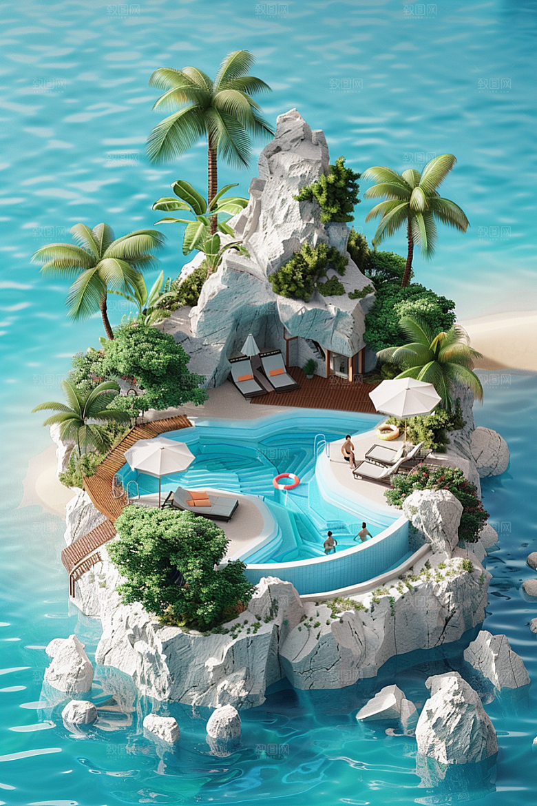 C4D泳池别墅夏天模型