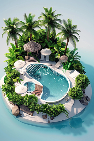 C4D泳池别墅夏天模型