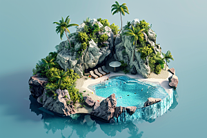 C4D泳池海岛旅游夏天模型