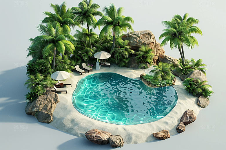 C4D泳池度假夏天模型