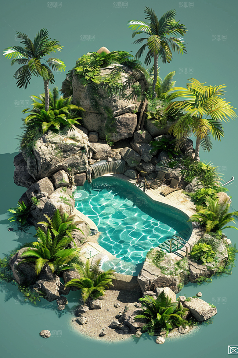 C4D泳池薄荷色夏日模型