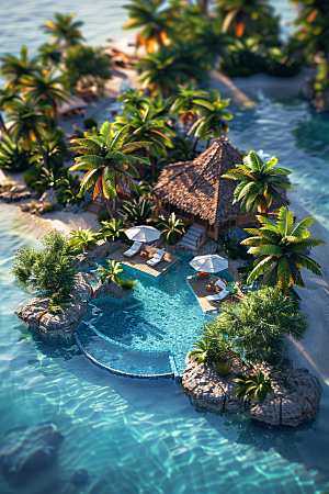 C4D泳池夏天海岛旅游模型