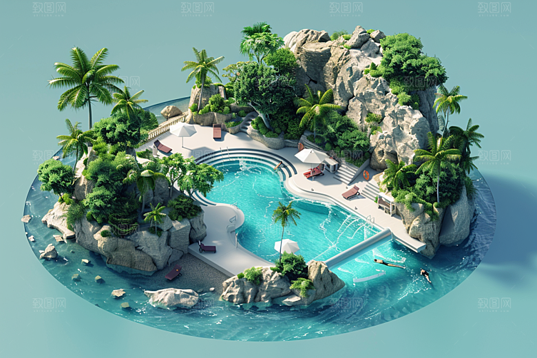C4D泳池夏日3D模型