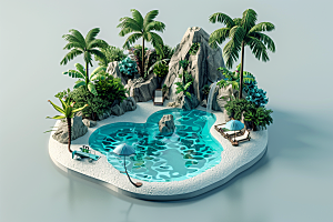 C4D泳池夏日海岛旅游模型