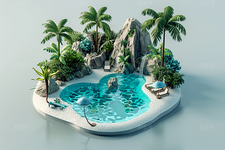C4D泳池夏日海岛旅游模型
