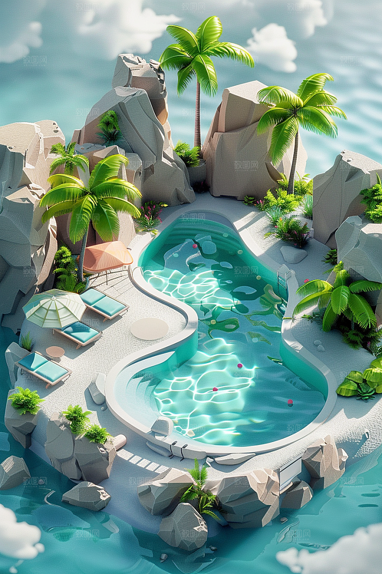 C4D泳池游泳度假模型