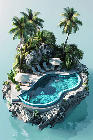 C4D泳池度假村立体模型