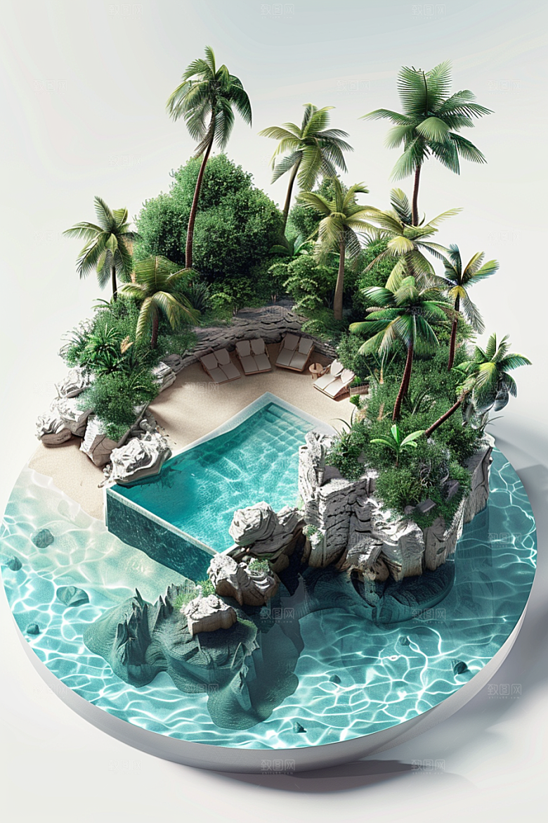 C4D泳池别墅氛围模型