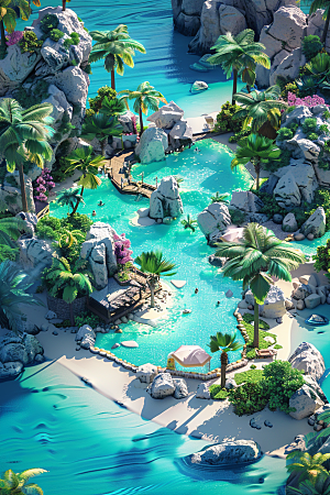 C4D泳池海岛旅游夏天模型