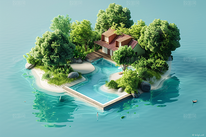 C4D泳池游泳别墅模型