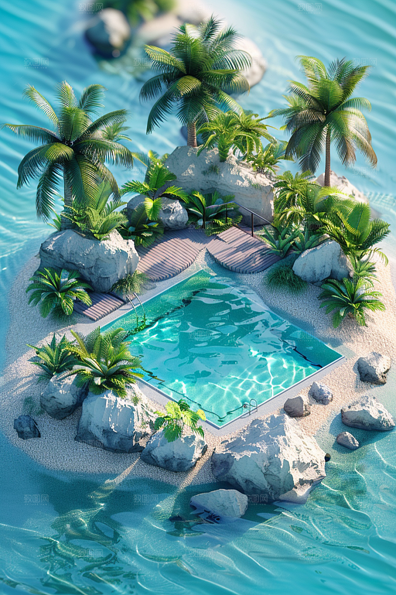 C4D泳池薄荷色夏日模型