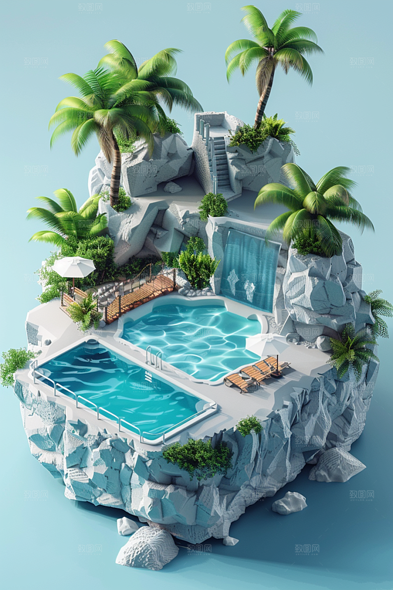 C4D泳池别墅氛围模型