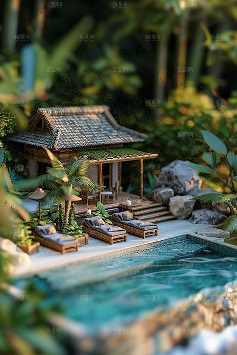 C4D泳池夏日度假村模型