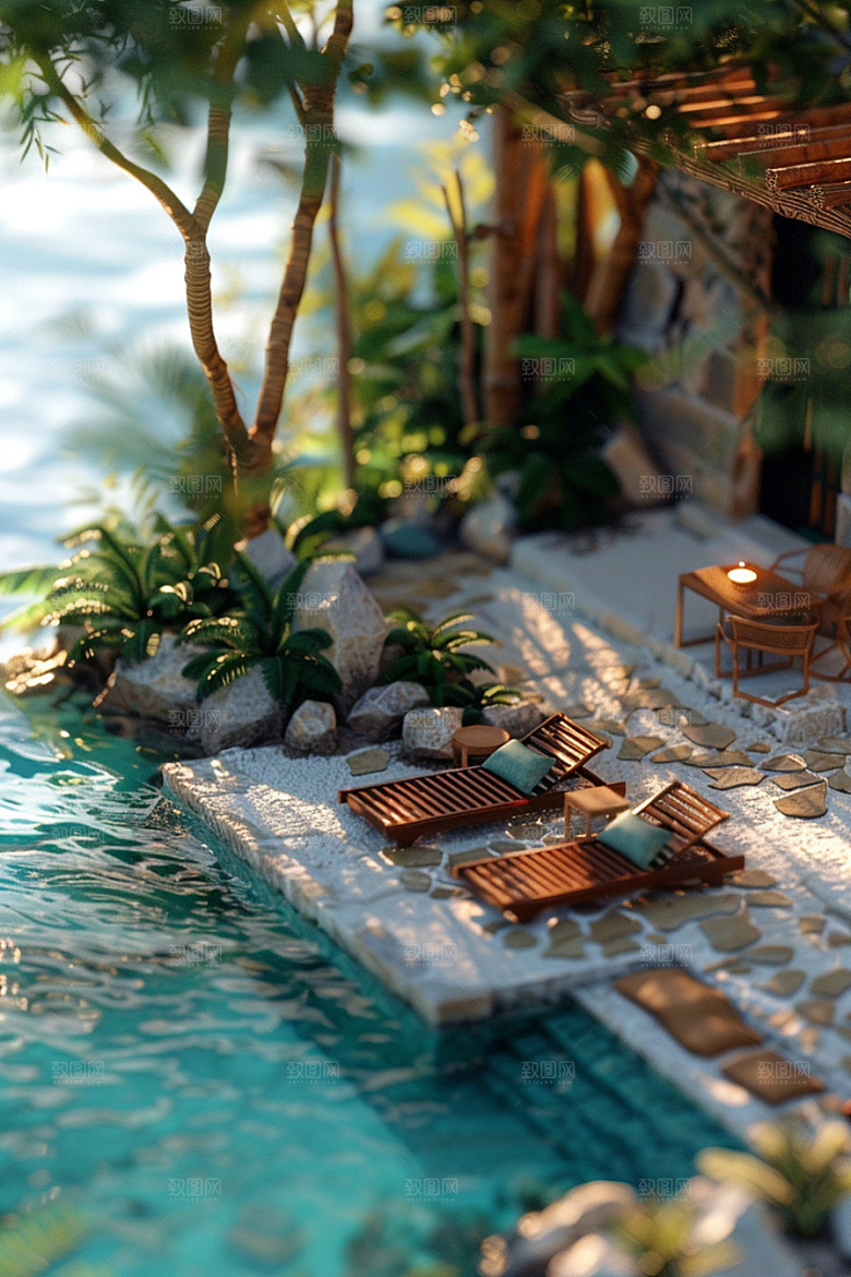 C4D泳池夏天度假村模型