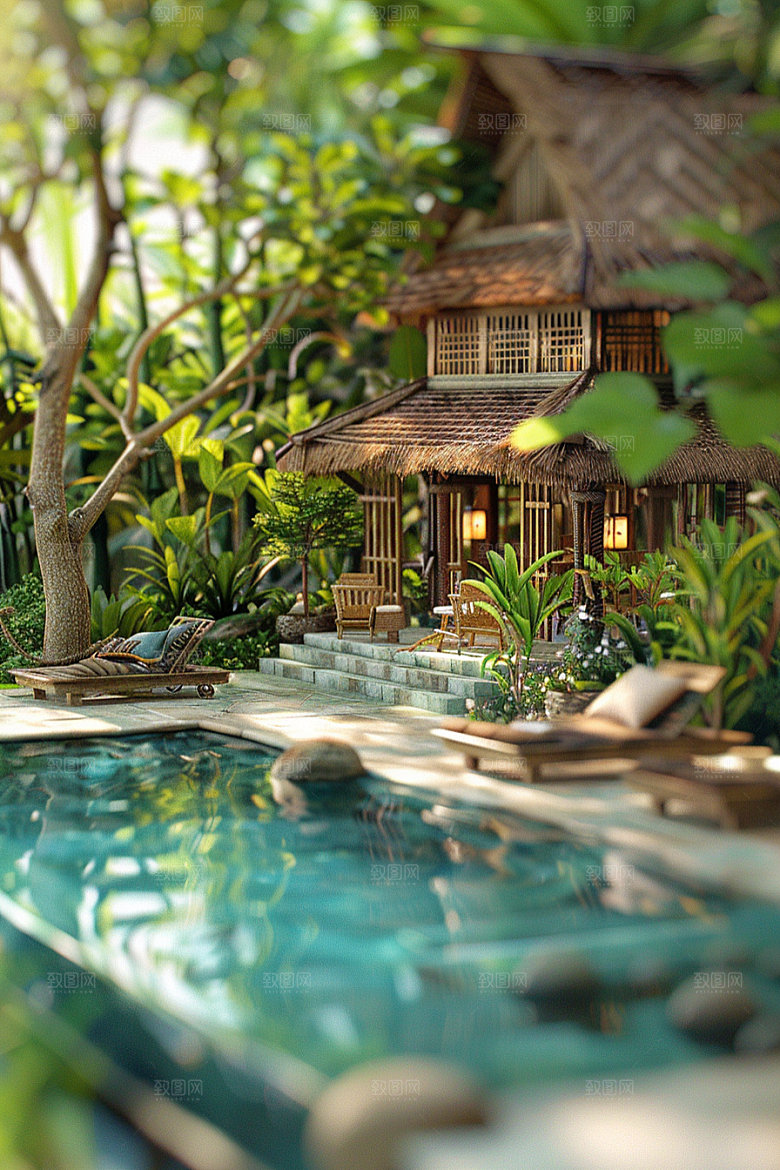 C4D泳池度假夏天模型