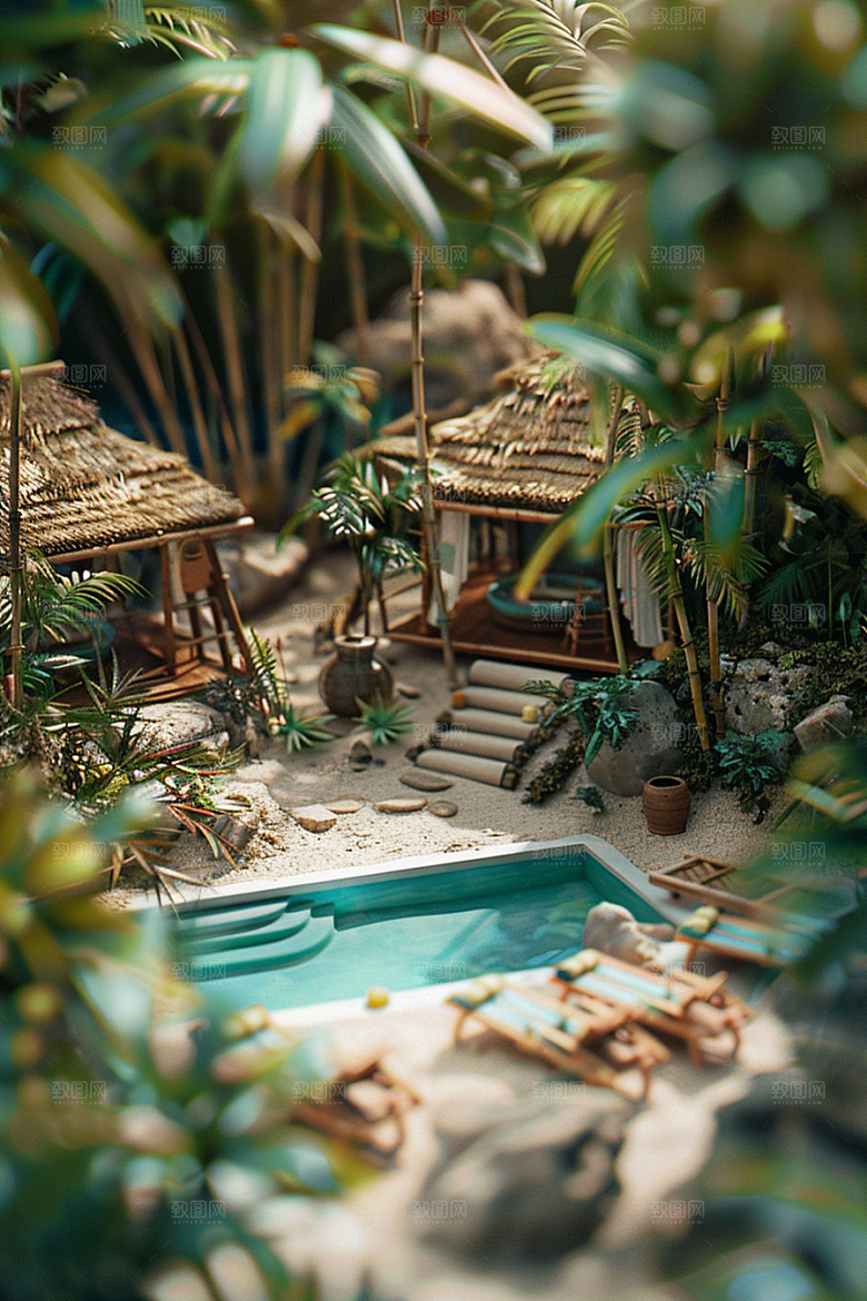 C4D泳池游泳度假村模型