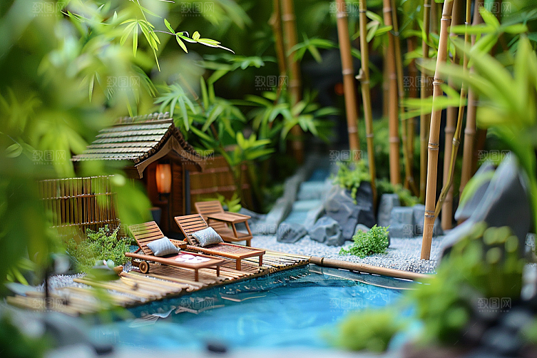 C4D泳池度假村游泳模型