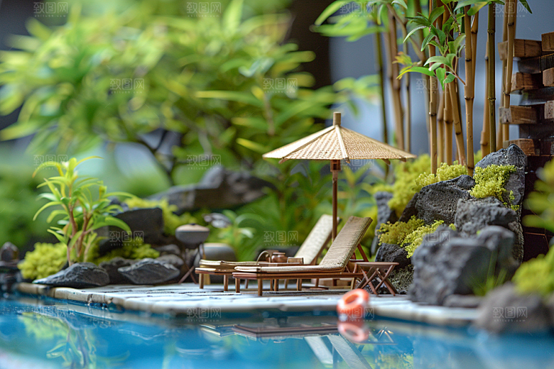 C4D泳池海岛旅游薄荷色模型