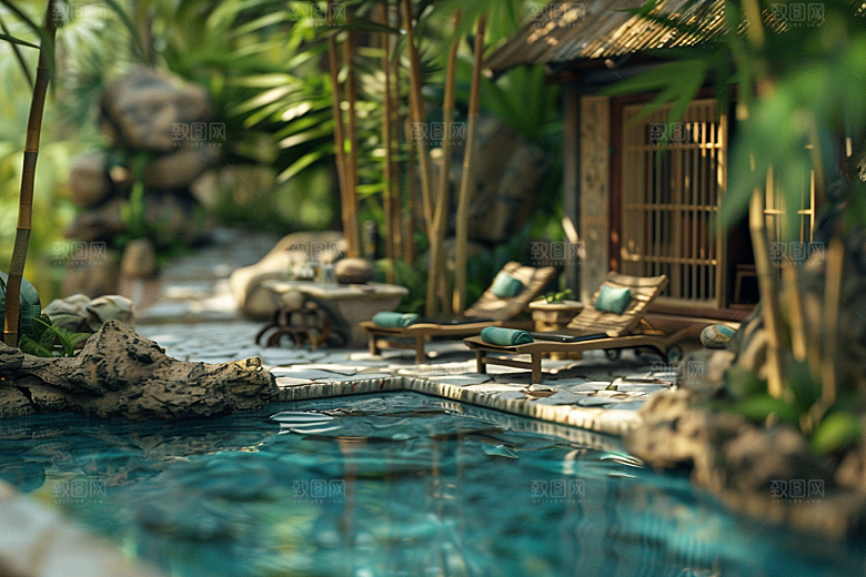 C4D泳池度假村氛围模型