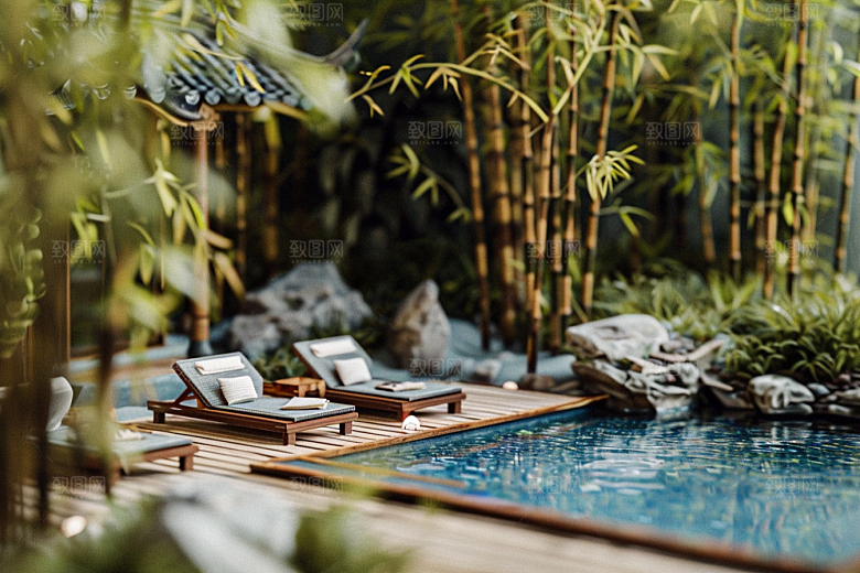 C4D泳池别墅夏日模型