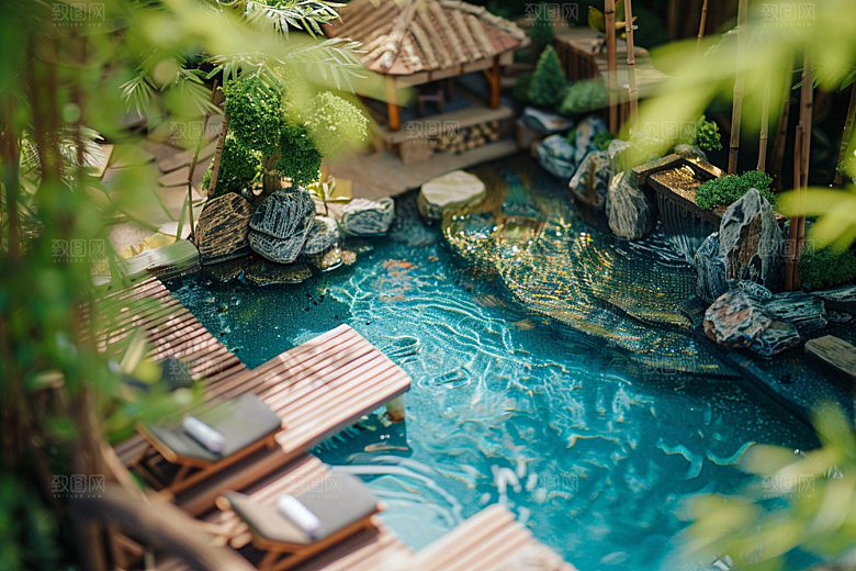 C4D泳池度假村别墅模型