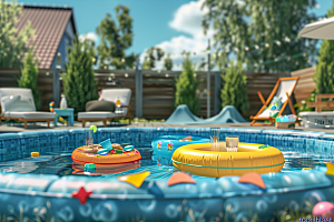 C4D泳池海岛旅游别墅模型