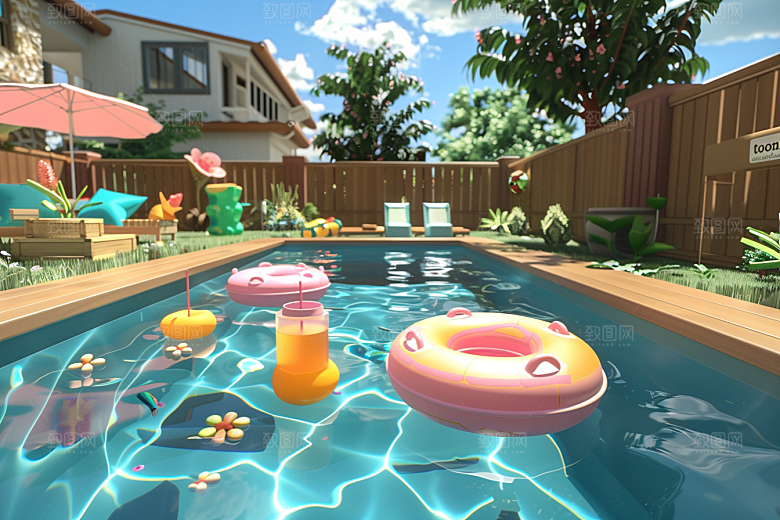 C4D泳池夏日轰趴模型