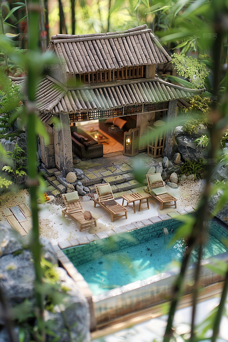 C4D泳池海岛旅游薄荷色模型
