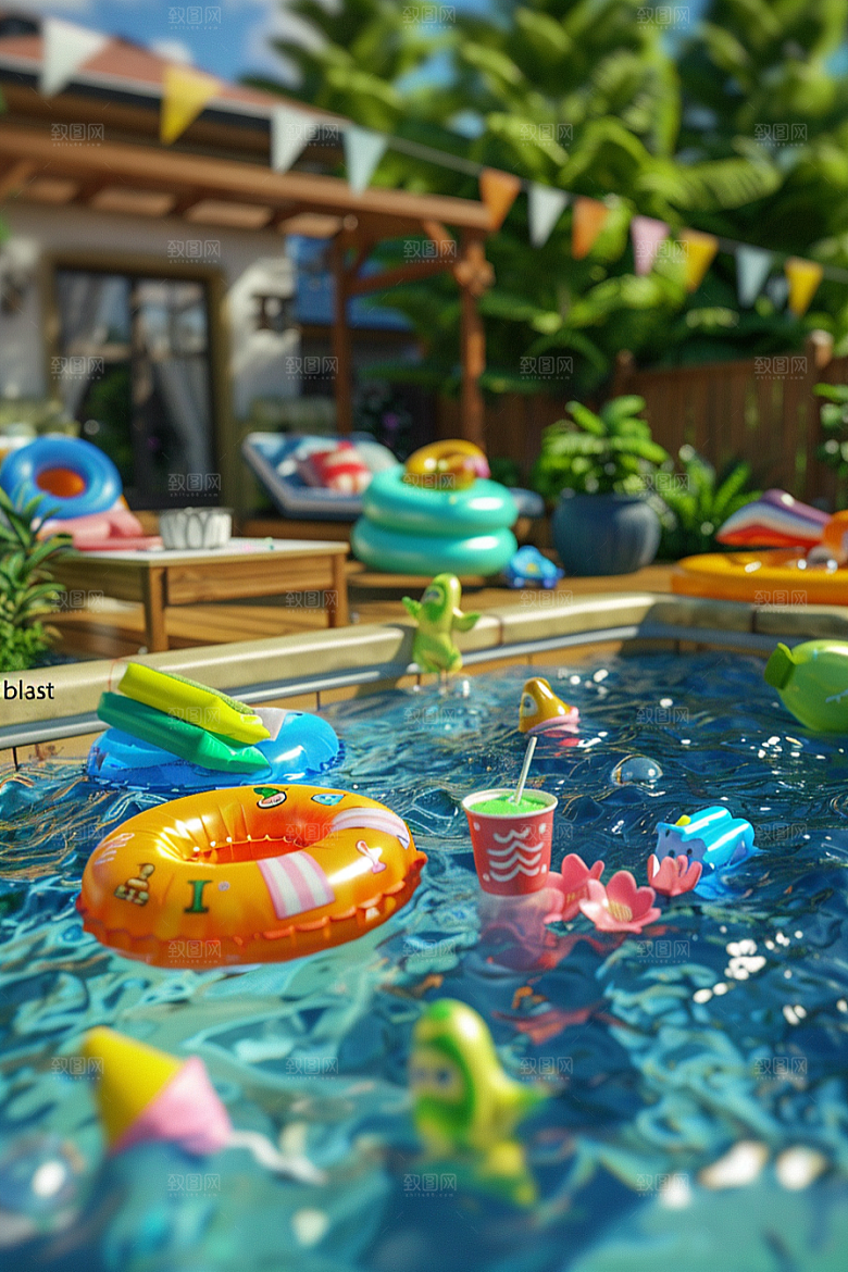 C4D泳池氛围夏日模型