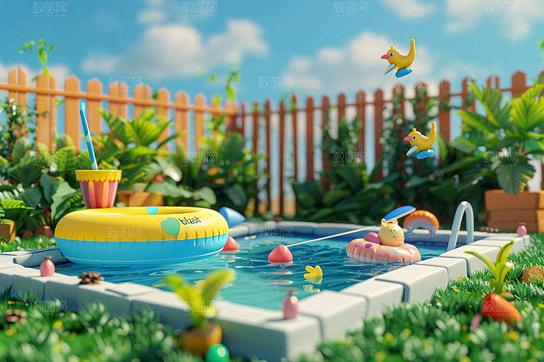 C4D泳池夏日氛围模型